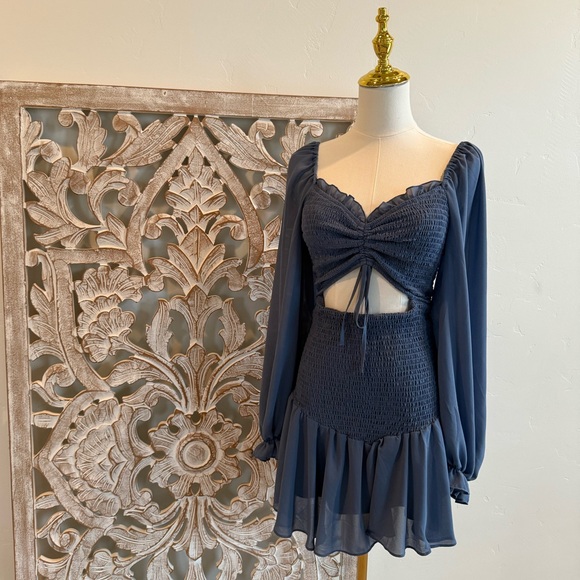 Smoky Blue Smocked Chiffon Dress – Romantic & Flirty - Picture 1 of 7
